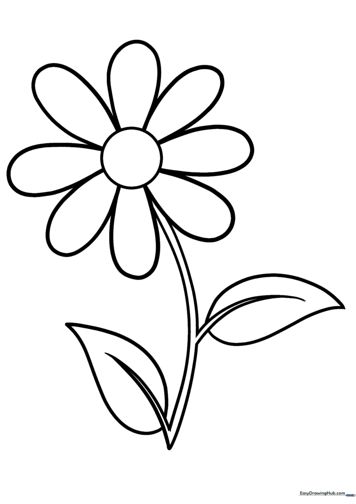 A fully drawn and colored cartoon flower with a yellow center and green leaves.