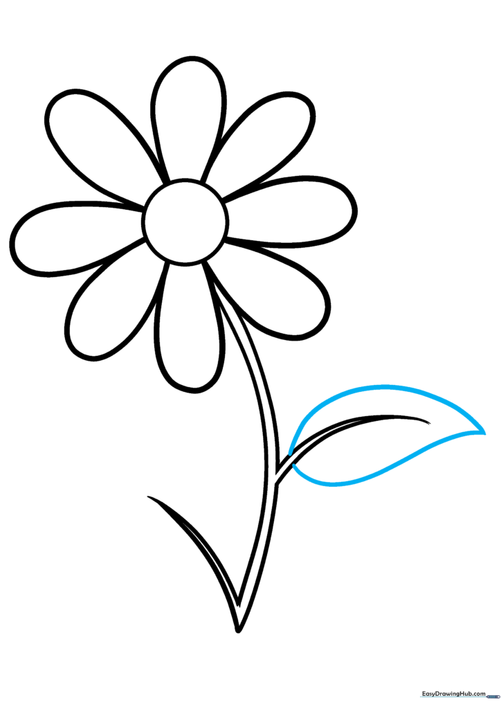 A flower stem with one completed teardrop-shaped leaf.