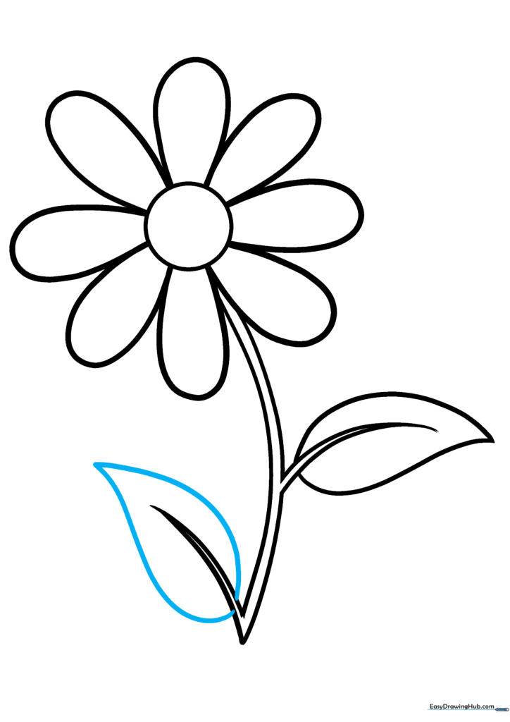 A flower stem with two completed teardrop-shaped leaves.
