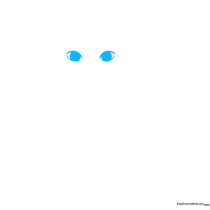 Close-up of two hand-drawn cartoon fox eyes with large pupils on white paper.