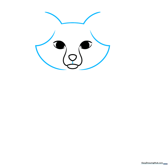 Outlining the fox head and fluffy cheeks with smooth, curved pencil strokes.