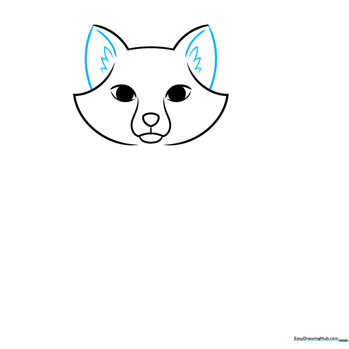 Adding triangular ears with internal fur details to the fox head.
