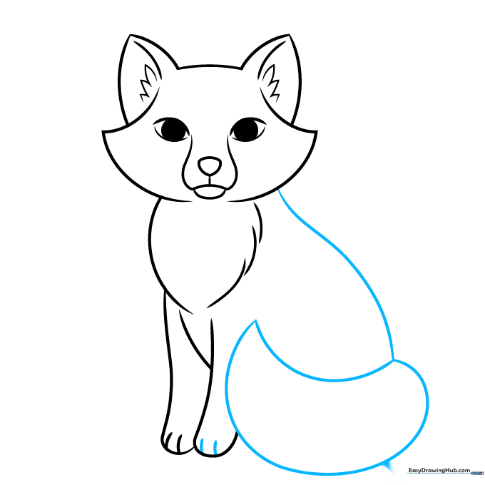 Drawing a large, bushy fox tail attached to the body.