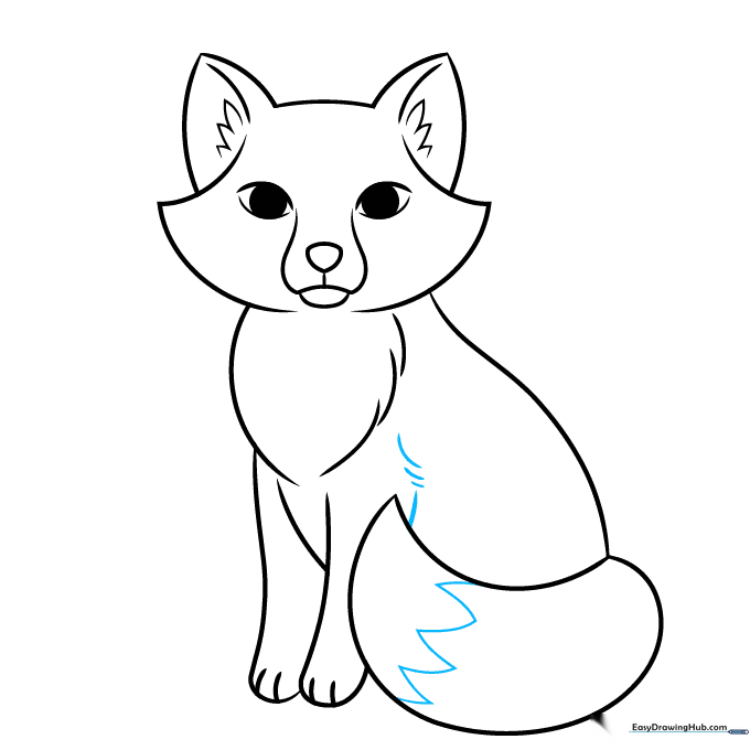 Adding fur texture details to the fox tail and legs using zigzag and short lines.