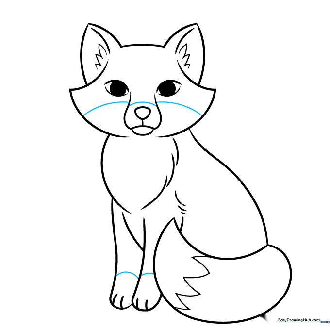 Adding final facial and leg markings to the fox drawing.