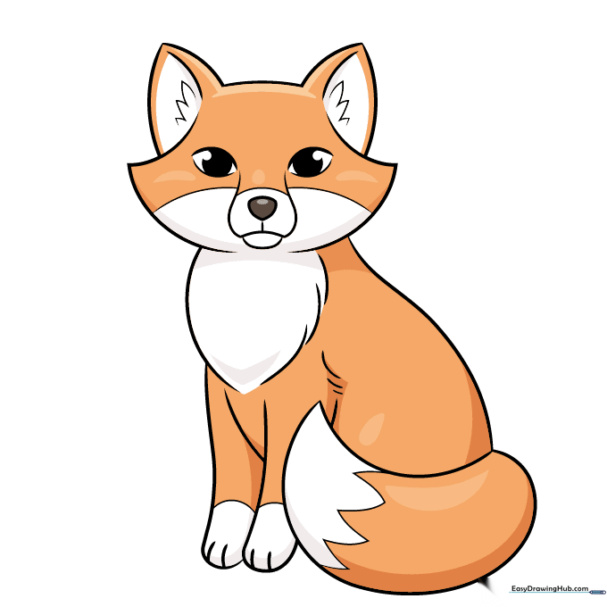 A fully colored cartoon fox with orange fur, white accents, and black paws.
