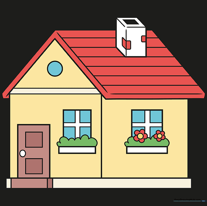 The completed house drawing with vibrant colors applied.
