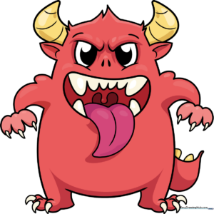 A friendly, colorful cartoon monster character standing on a white background.