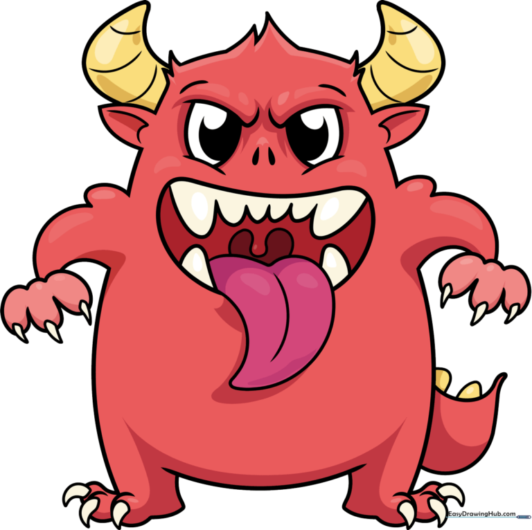 A friendly, colorful cartoon monster character standing on a white background.