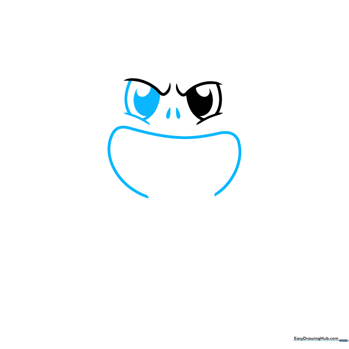 Drawing the monster's nose and wide, open mouth shape.
