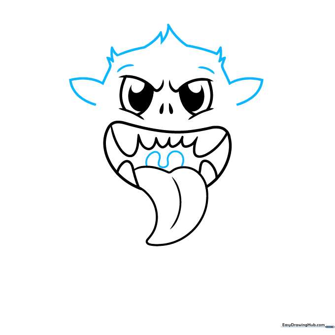 Drawing triangular ears and expressive eyebrows on the monster.
