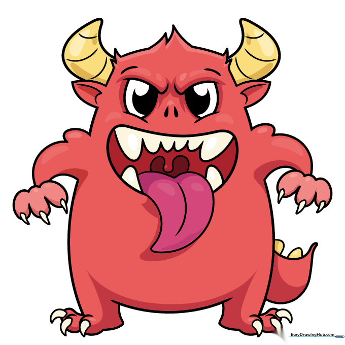 The final colored monster drawing with bright red body and yellow accents.