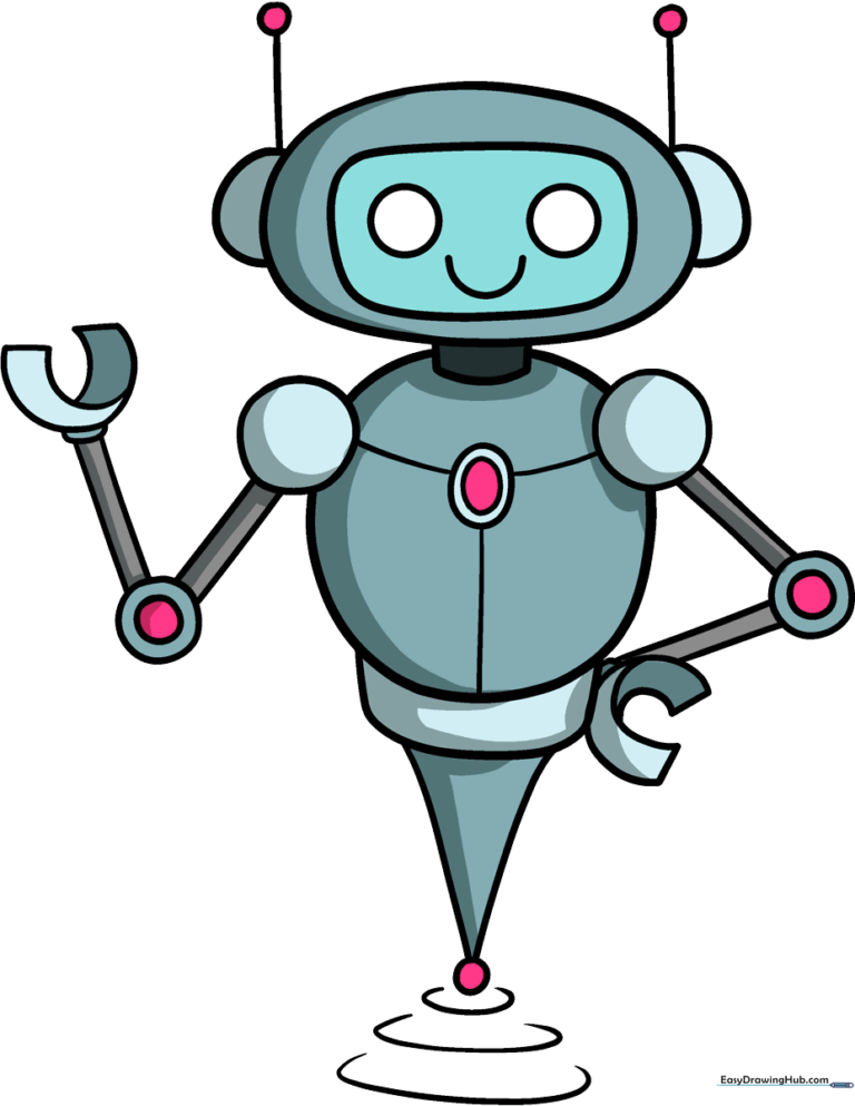 A vibrant, finished drawing of a friendly, simple robot for children.