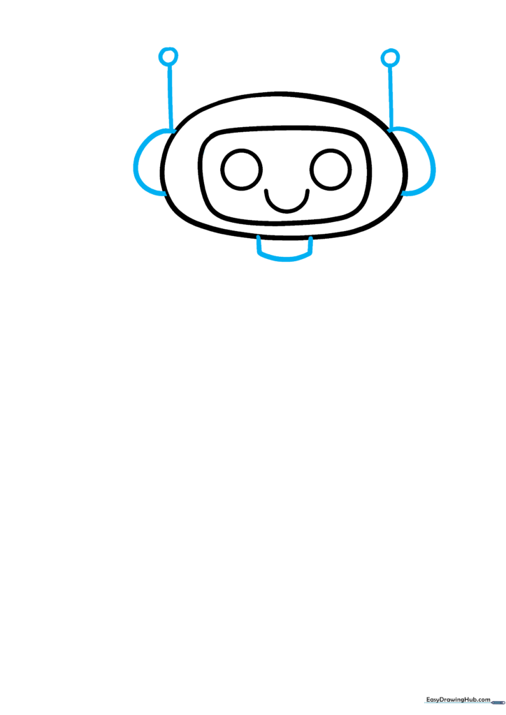 Robot head with C-shaped ears, two antennae with circular tips, and a simple neck structure.