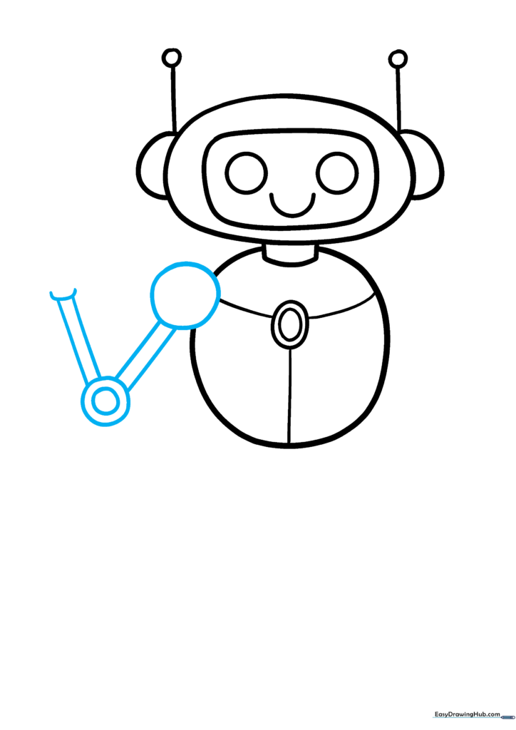 Robot arm construction showing shoulder, upper arm, and elbow joints using circles and lines.