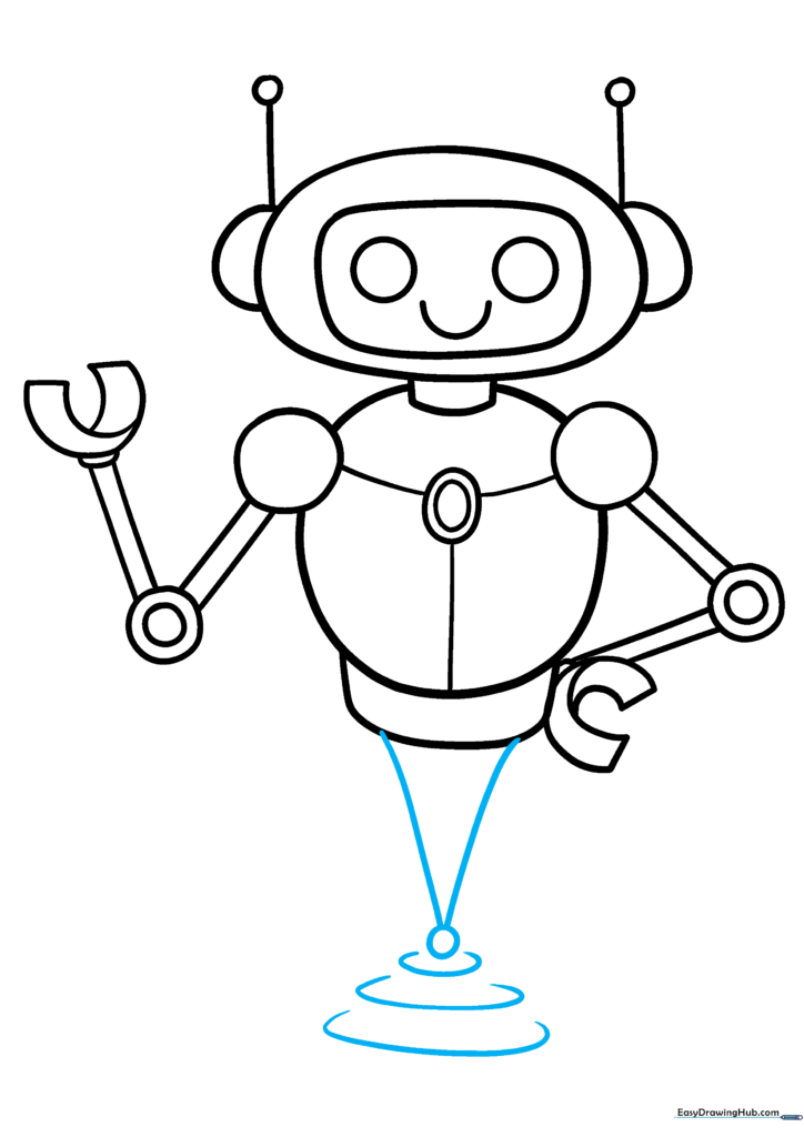 The completed robot outline with a triangular base and circular foot details.