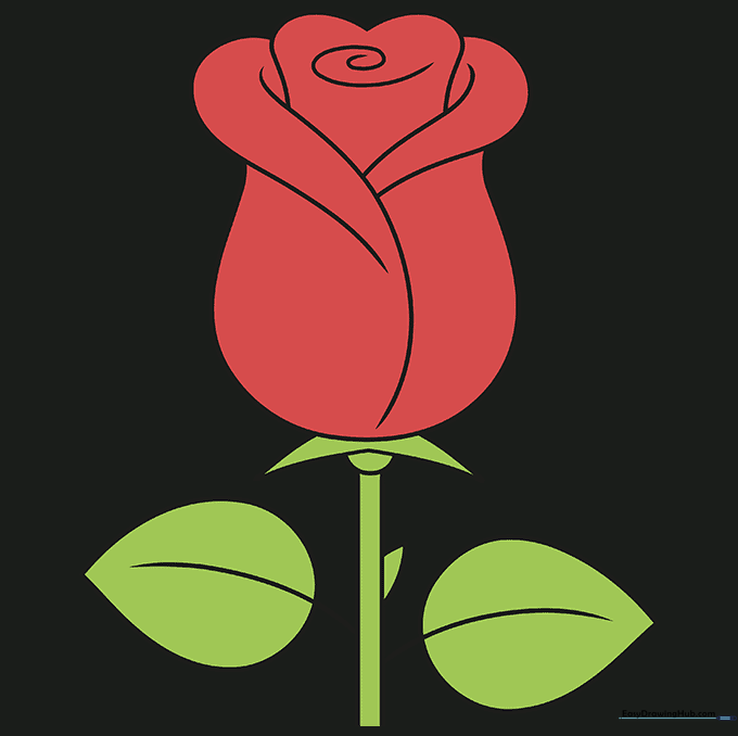 A finished, colored drawing of a red rose with green leaves and stem.