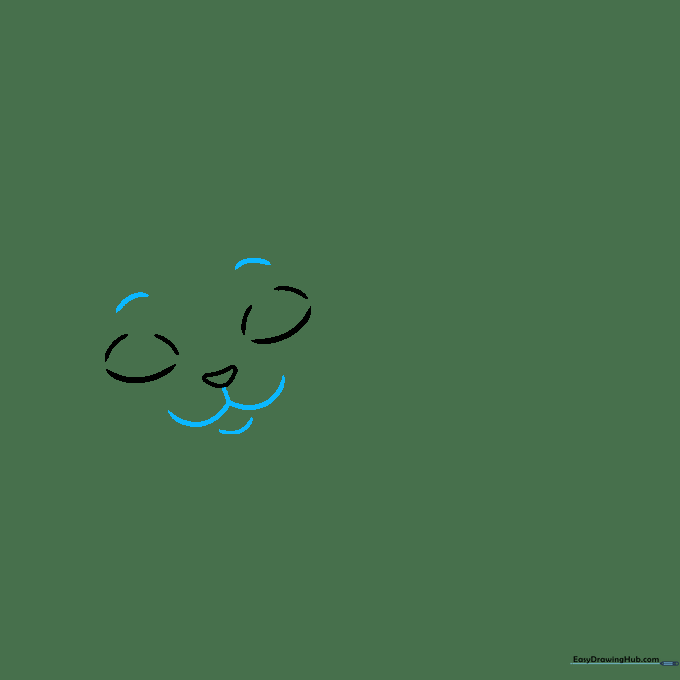 Drawing the cat's muzzle with curved lines for the mouth and cheeks.
