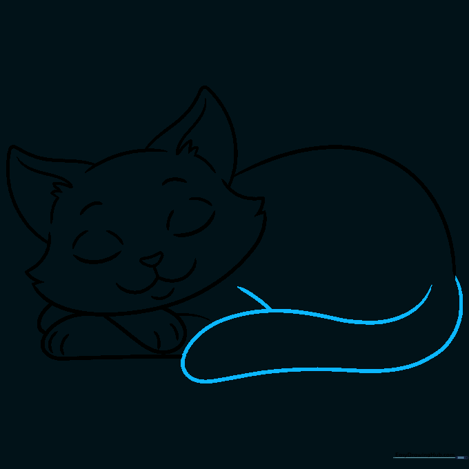 Drawing the cat's long, curled tail.