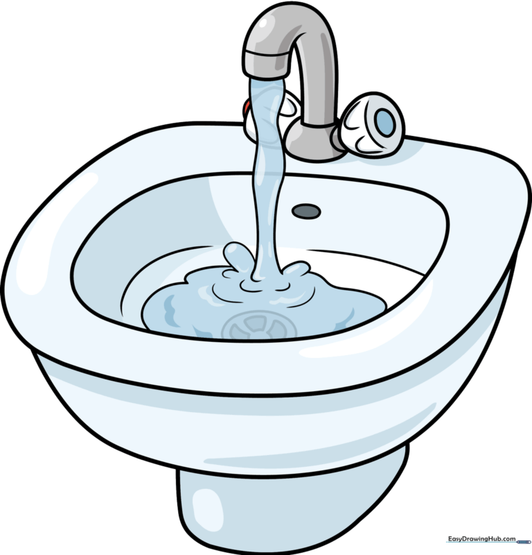 A clean, cartoon-style sink drawing with a faucet and running water, perfect for kids.