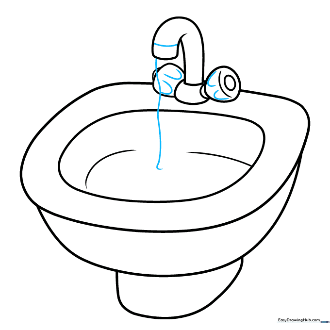 Adding texture to handles and drawing a wavy line representing water flowing from the faucet.