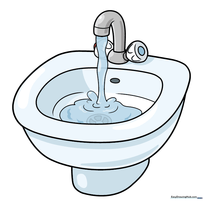 Finished colored sink drawing with red and blue handle indicators.