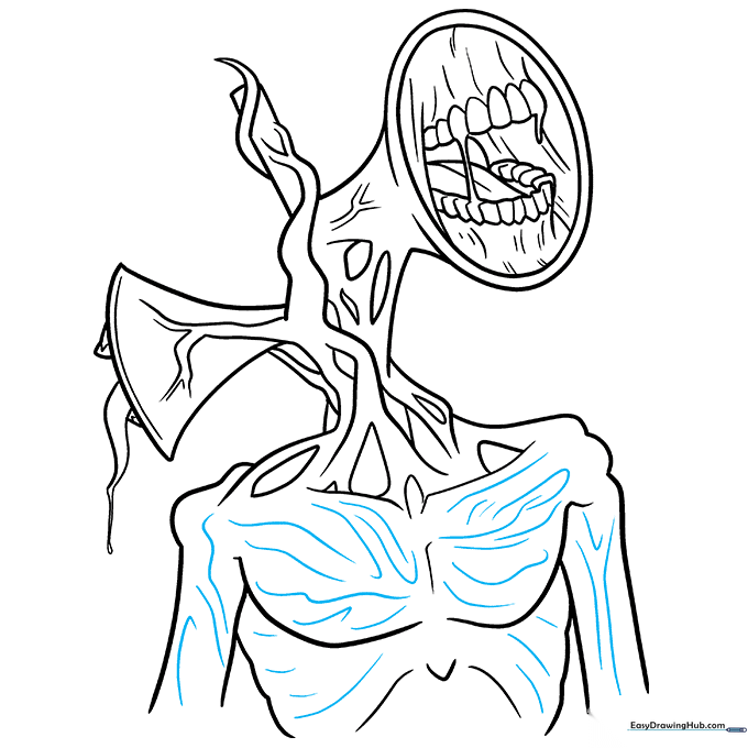 Finalizing the drawing with ink outlines and adding skin texture details.