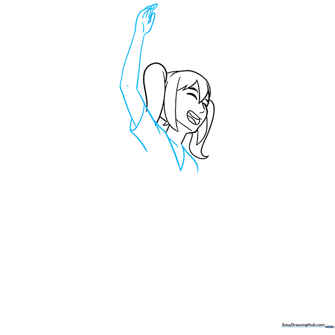 Upper body sketch of the anime girl including shoulders, arms, and shirt neckline.