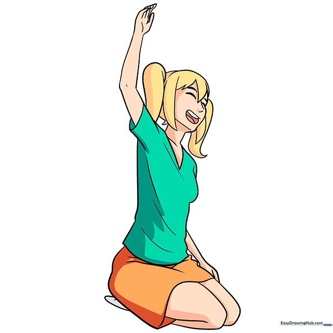Finished, colored illustration of the sitting anime girl.