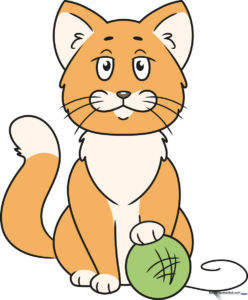 A friendly, colorful cartoon cat sitting next to a ball of yarn.