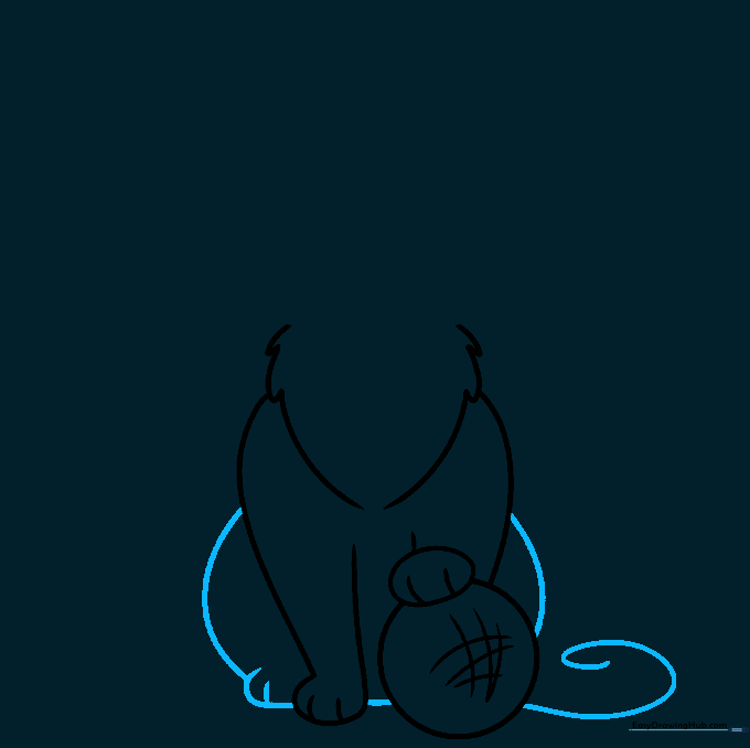 Completing the cat's body outline and adding a trailing piece of yarn string.