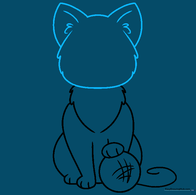 Sketching the cat's head shape with triangular ears and furry textures.
