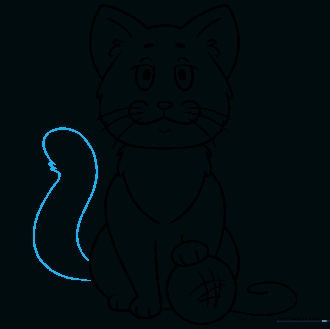 Adding the final furry tail to the cartoon cat drawing.