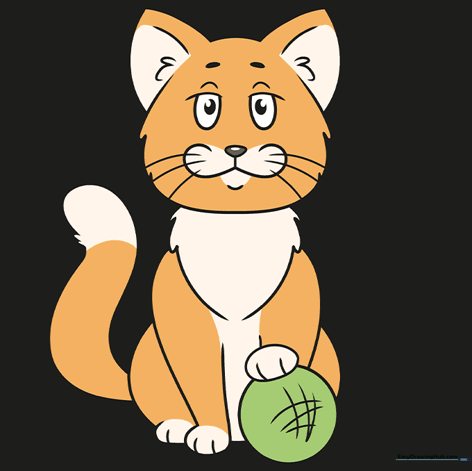 A fully colored, cute sitting cartoon cat with vibrant fur.