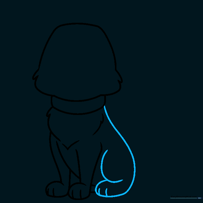 Drawing the curved haunches to complete the dog's sitting pose.