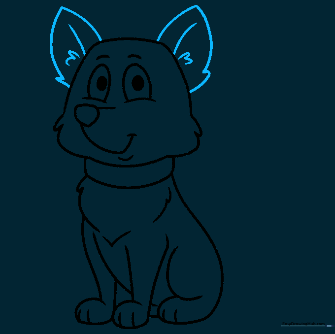 Adding triangular ears with fur details to the dog's head.