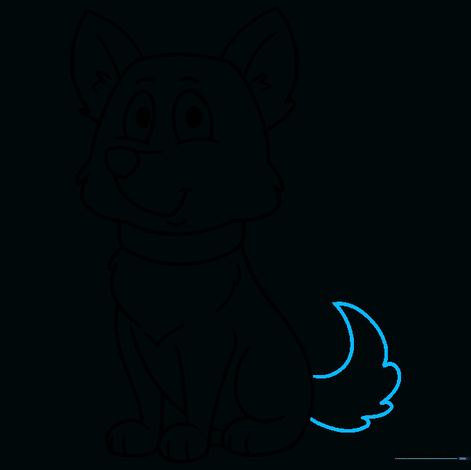 Drawing a bushy, curved tail to complete the dog's outline.