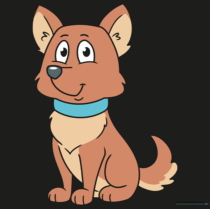 A fully colored, friendly cartoon dog sitting down.