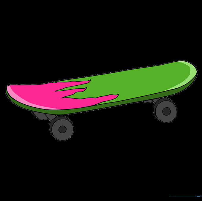 The finished, colored skateboard drawing with green deck and pink flames.