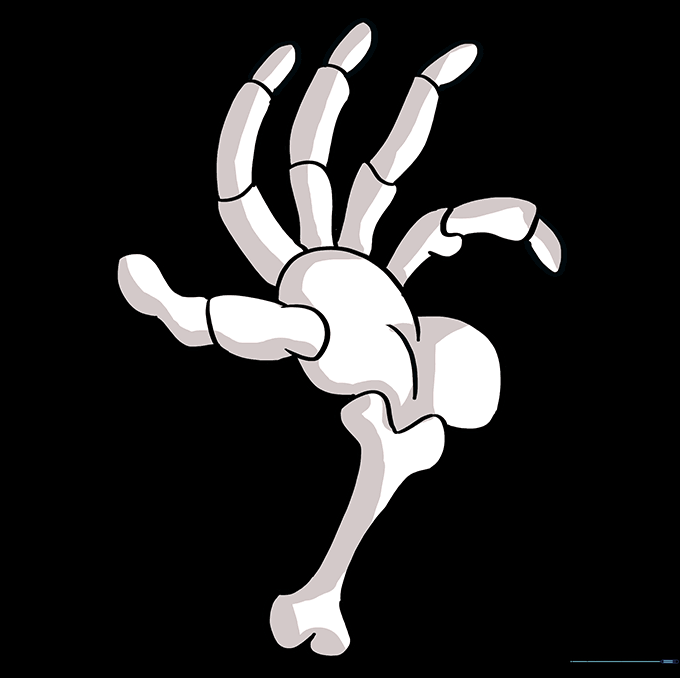 The completed skeleton hand drawing, colored in shades of off-white and cream.