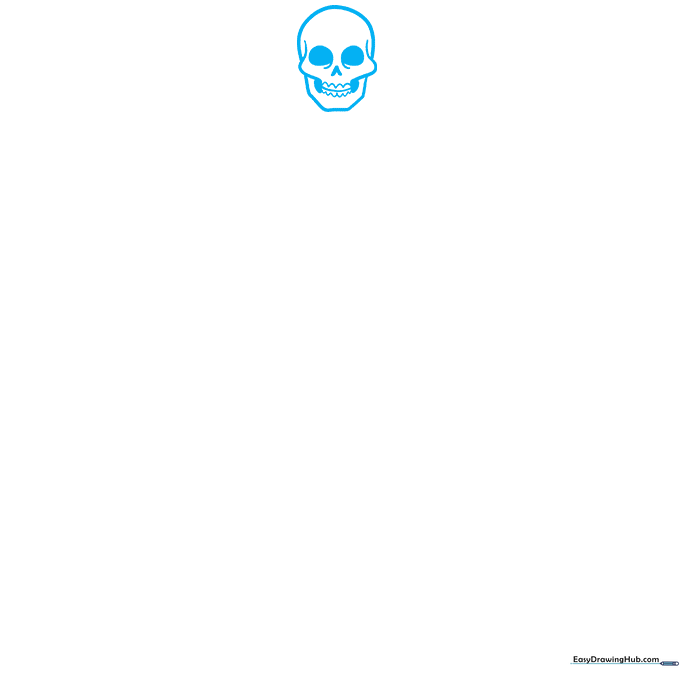 Pencil sketch of a cartoon skeleton skull with large eye sockets and a V-shaped nose.