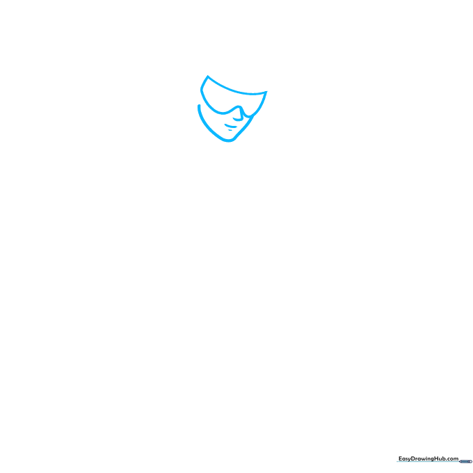 Close-up sketch of a skier's face showing goggles and chin outline on white paper.