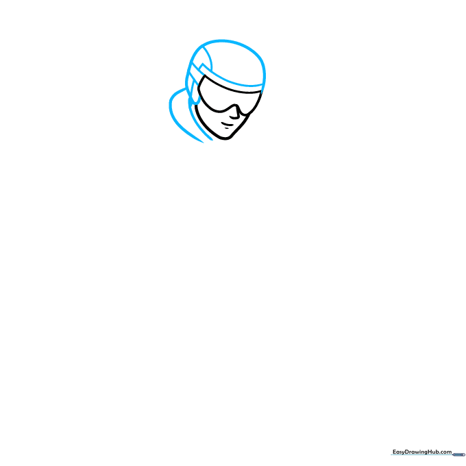 Drawing of a skier's head wearing a helmet with a visible collar outline.