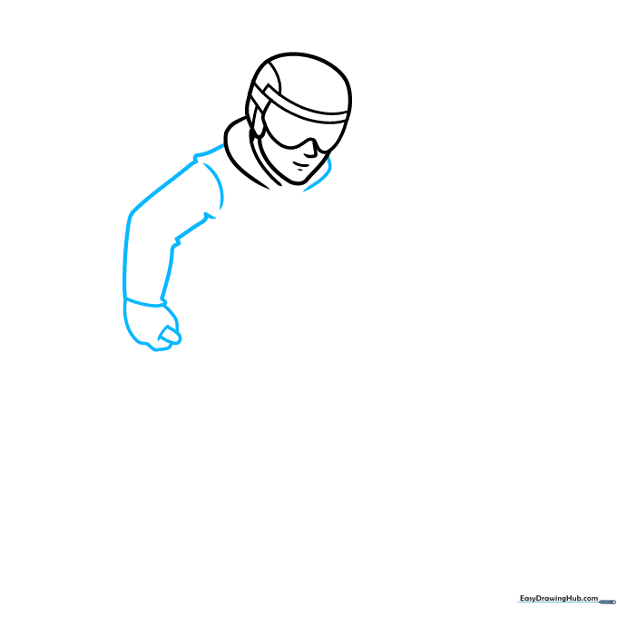 Sketch of a skier's arm and shoulder with a hand gripping a ski pole.