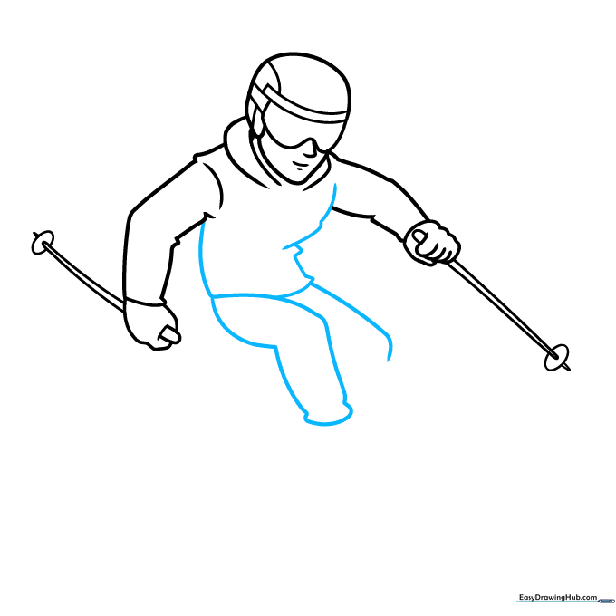 Outline of a skier's body showing bent knees and torso posture.