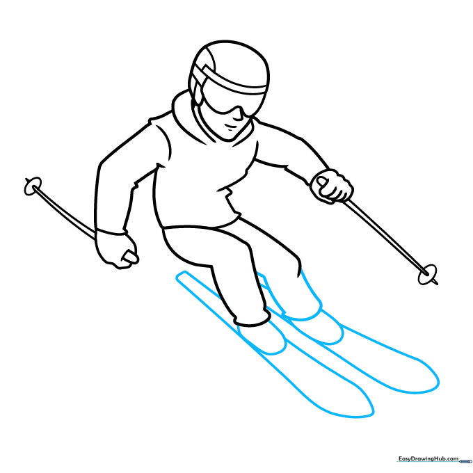 Drawing of ski boots attached to long skis on the ground.