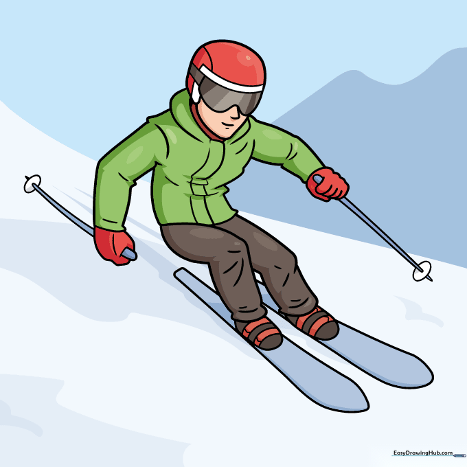 A fully colored cartoon skier character ready for the slopes.