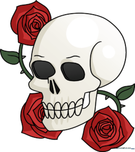 A completed, vibrant illustration of a skull intertwined with blooming roses.