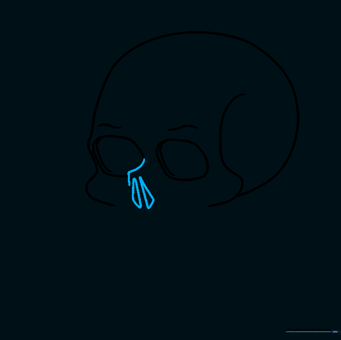 Adding the nasal cavity and triangular nose holes to the skull drawing.