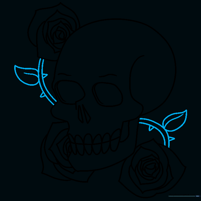 Adding stems, sharp thorns, and leaves to connect the skull and rose elements.